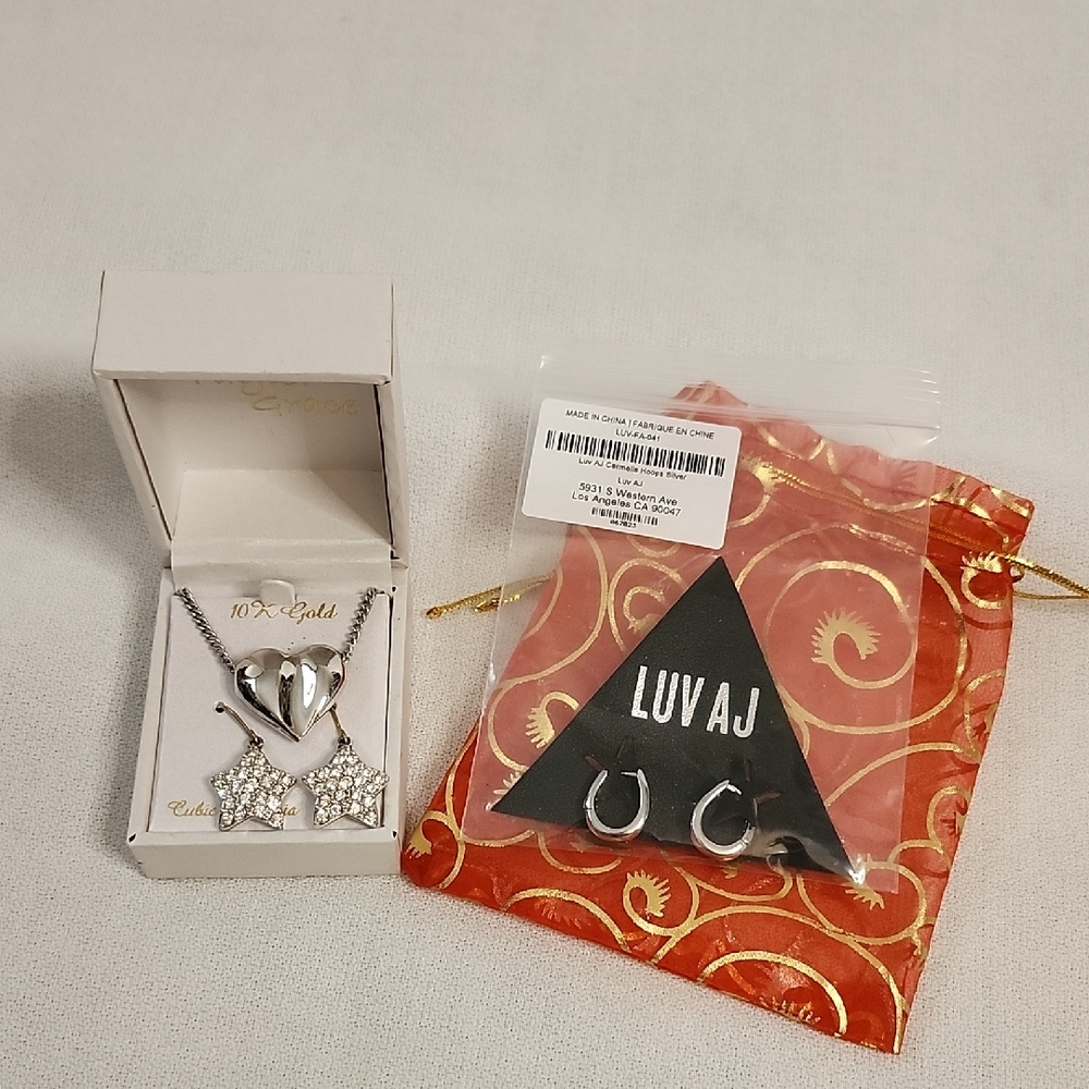 Luv AJ Silver Huggie Earrings & Heart Necklace with Crystal Star Earrings Set